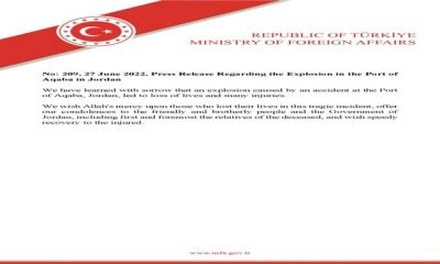 Press Release Regarding the Explosion in the Port of Aqaba in Jordan