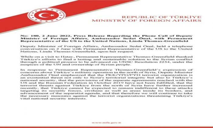 Press Release Regarding the Phone Call of Deputy Minister of Foreign Affairs, Ambassador Sedat Önal, with Permanent Representative of the US to the United Nations, Linda Thomas-Greenfield